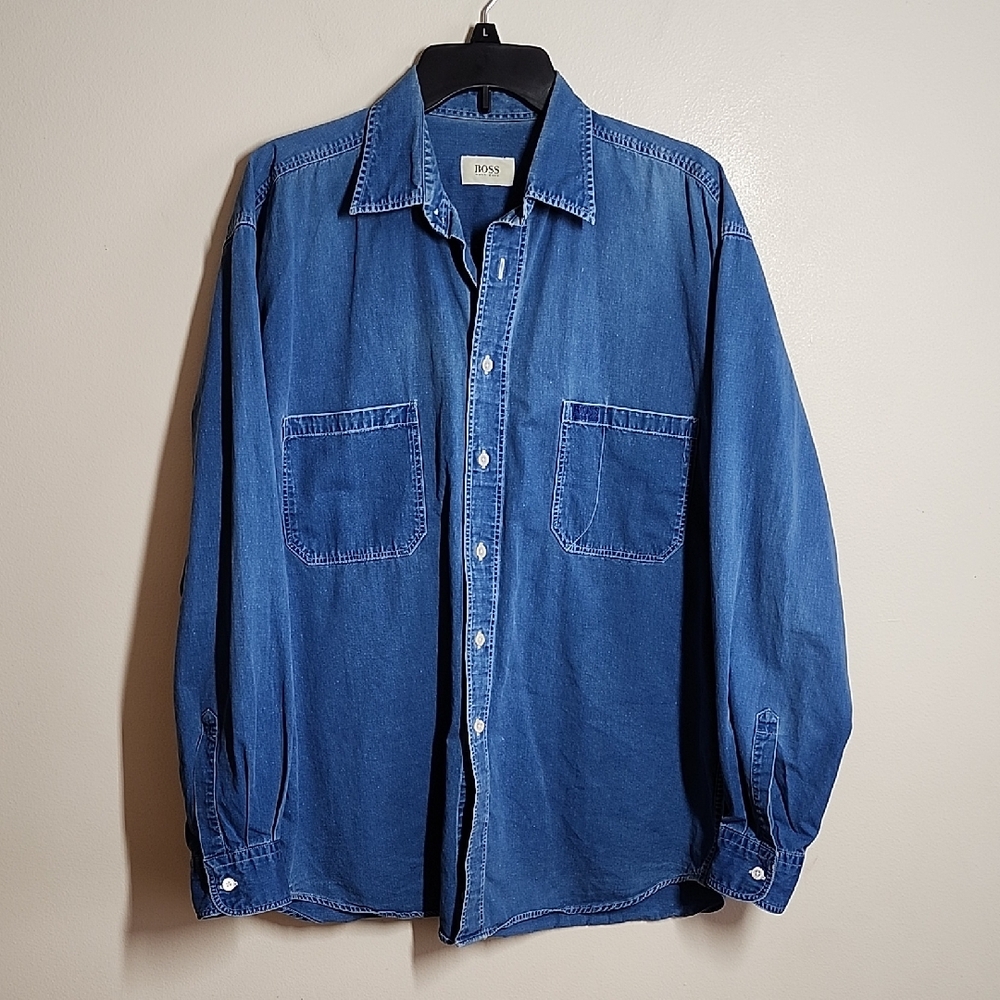 Hugo Boss Blue Denim Button Up Shirt Mens Large Classic Style